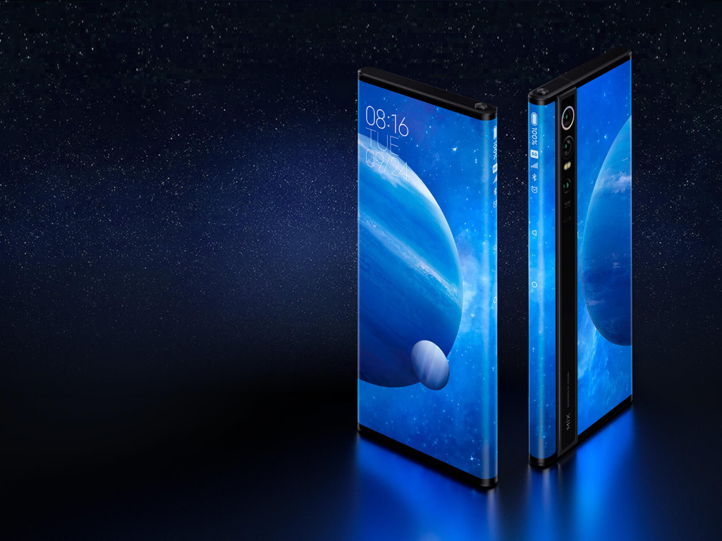 Новый смартфон Xiaomi Mi Mix Alpha на синем фоне