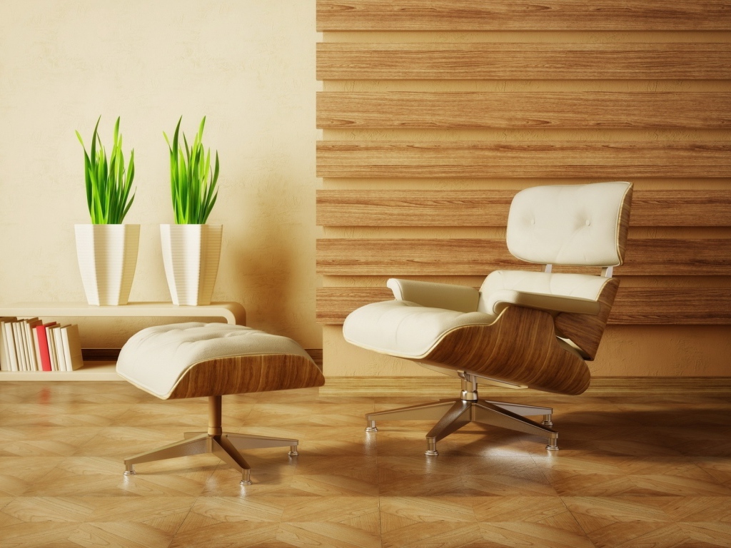 Мягкое кресло в комнате с деревянным интерьером 