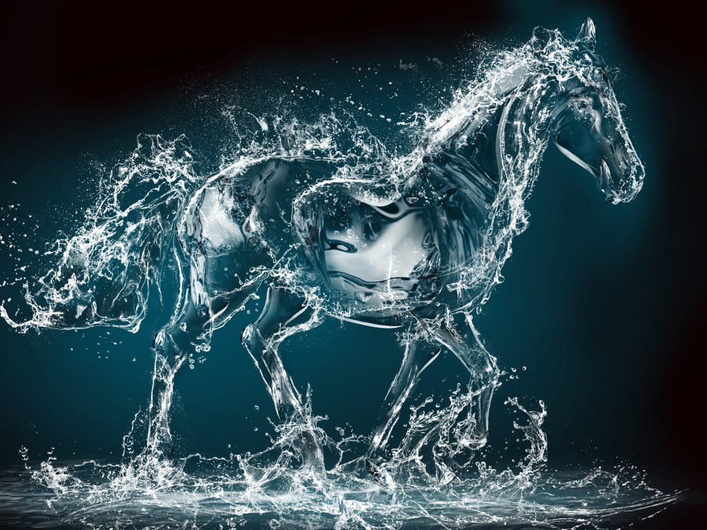 Конь из воды на черном фоне, 3д графика