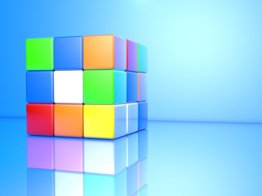 Разноцветный кубик Рубика на голубом фоне 3д графика