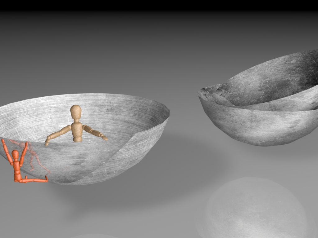 Роботы в серых чашах на сером фоне 3д графика