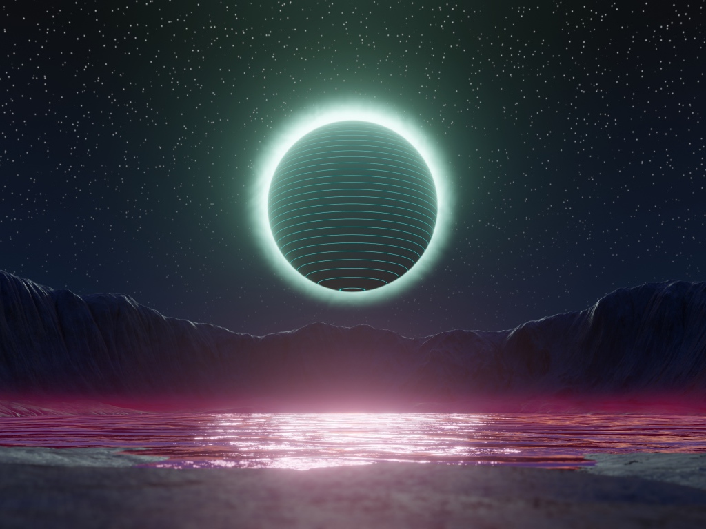 Сфера в ярком свечении в звездном небе над озером