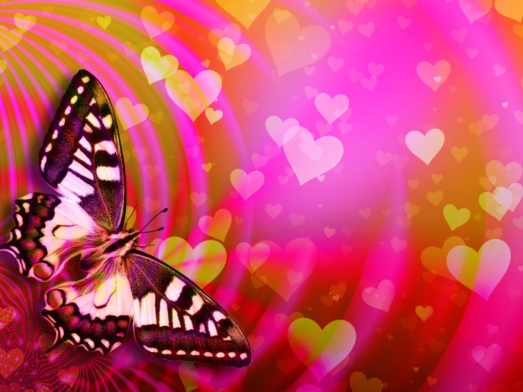 Большая бабочка махаон сидит на розовом фоне с сердечками