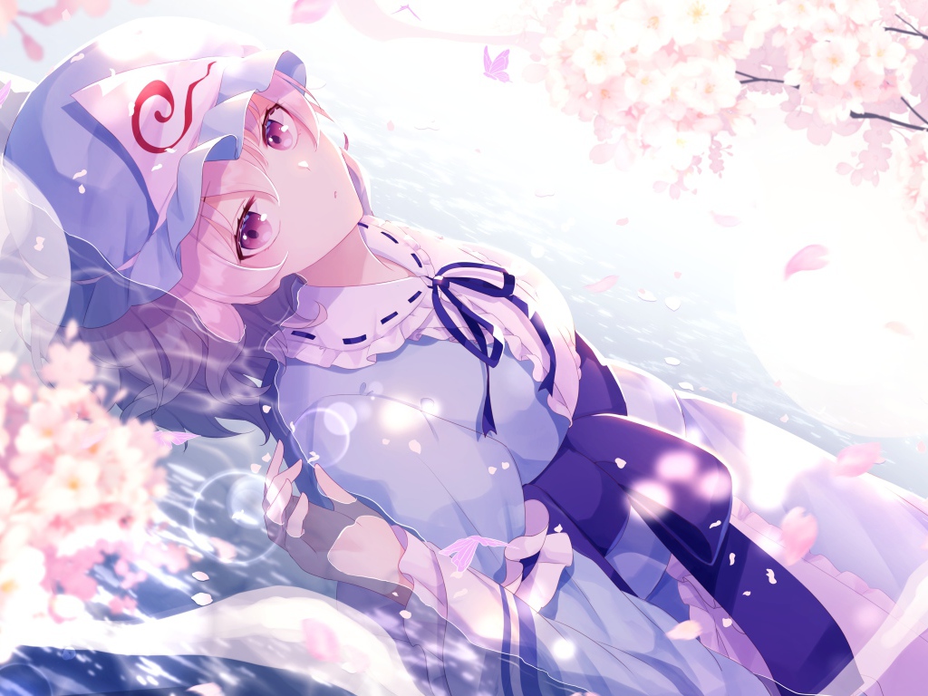 Девушка аниме на фоне белых цветов 