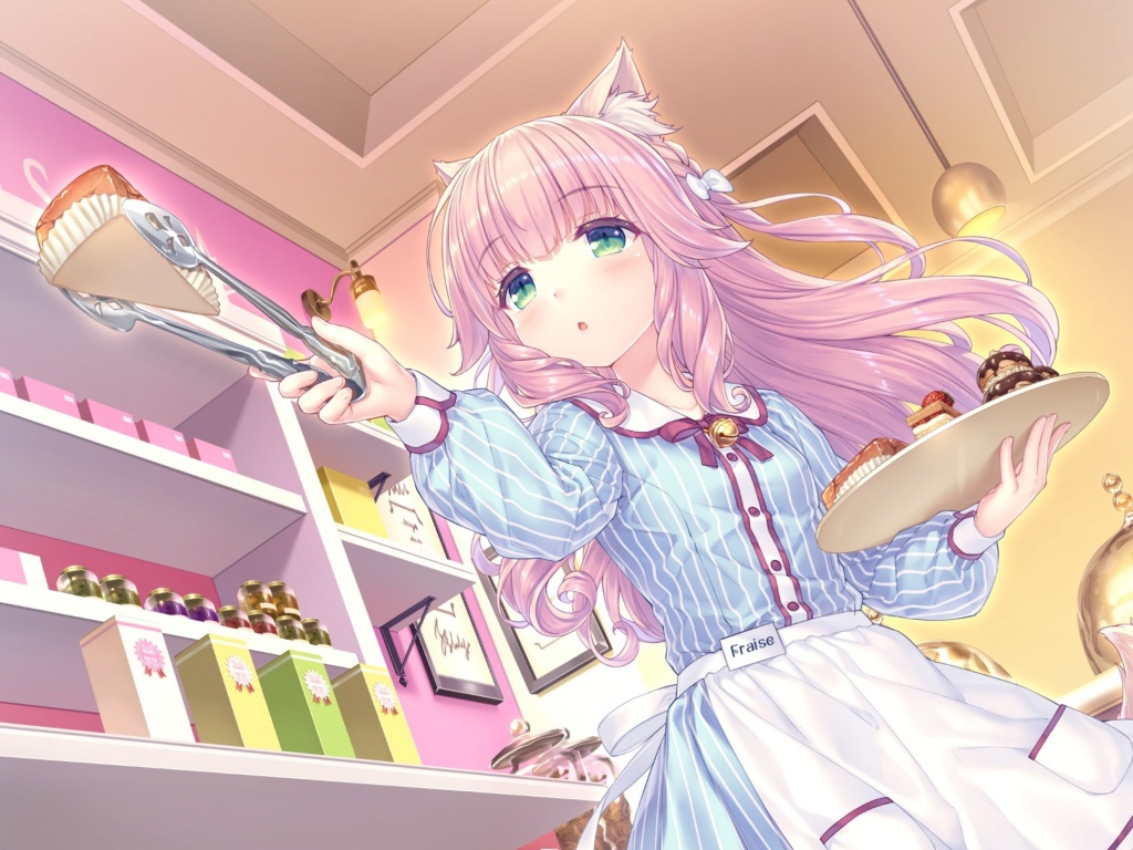 Девушка аниме с розовыми волосами на кухне