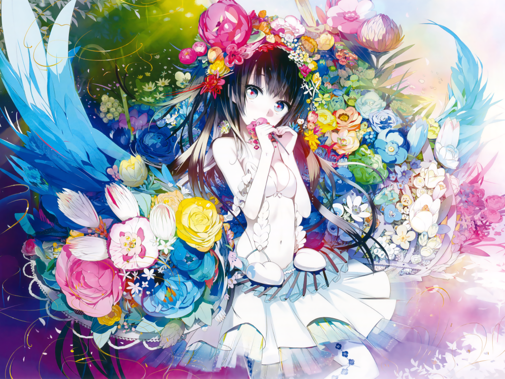 Красивая девушка аниме в цветах