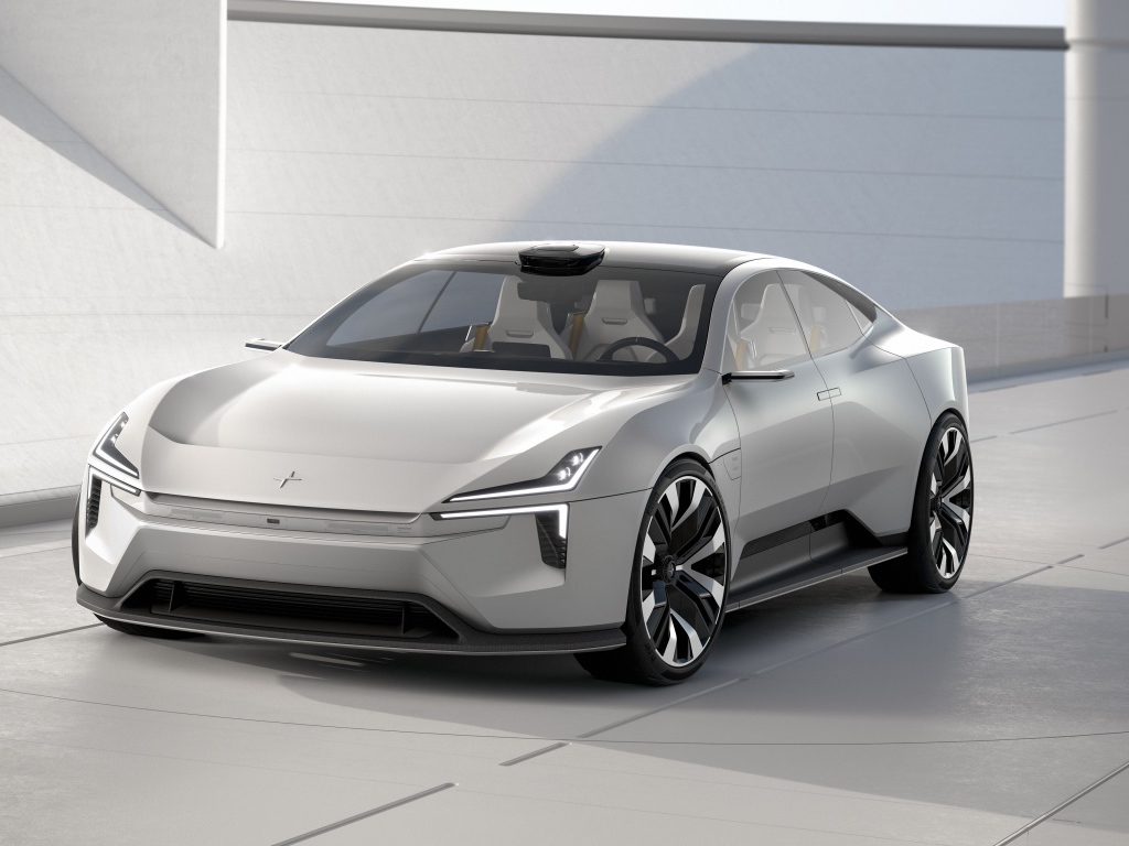 Серебристый автомобиль Polestar Precept 2020 года