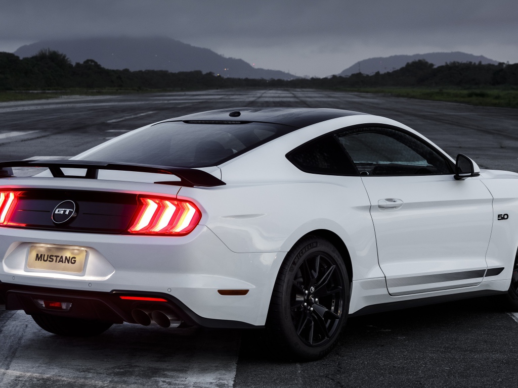 White Ford Mustang GT car, 2019 rear view