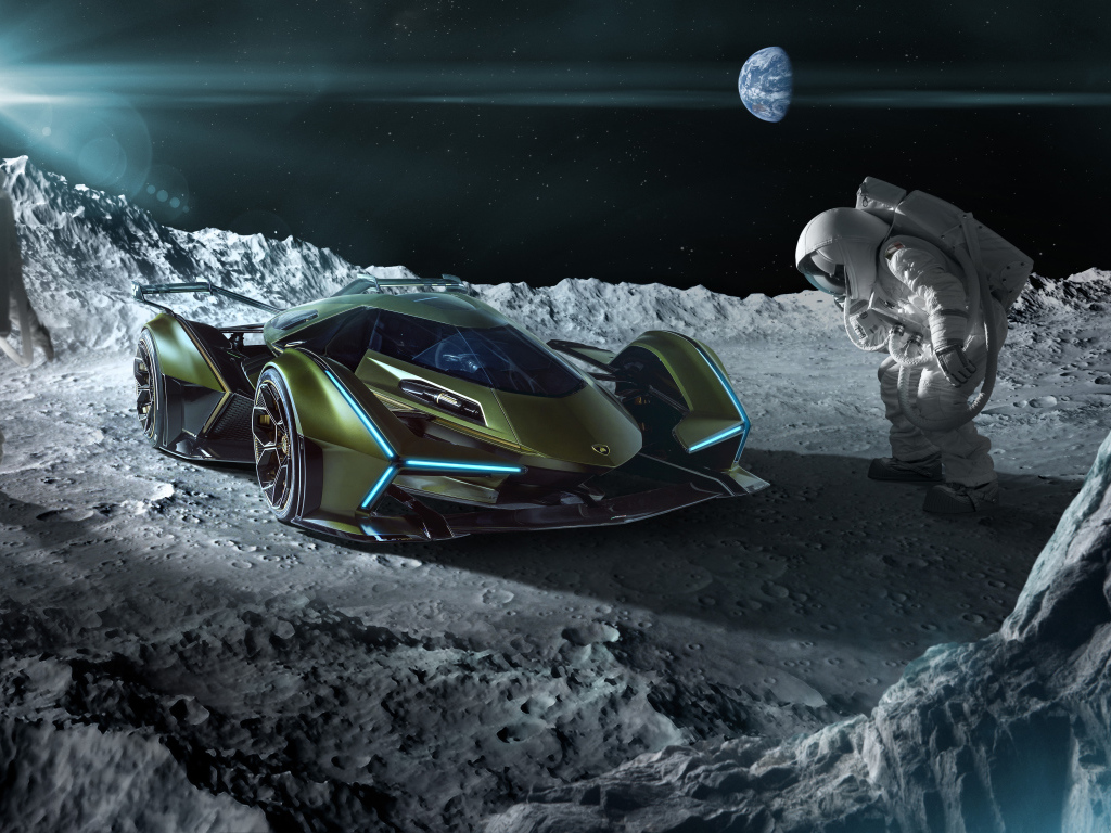 Спортивный автомобиль Lamborghini Lambo V12, 2019 года на поверхности луны