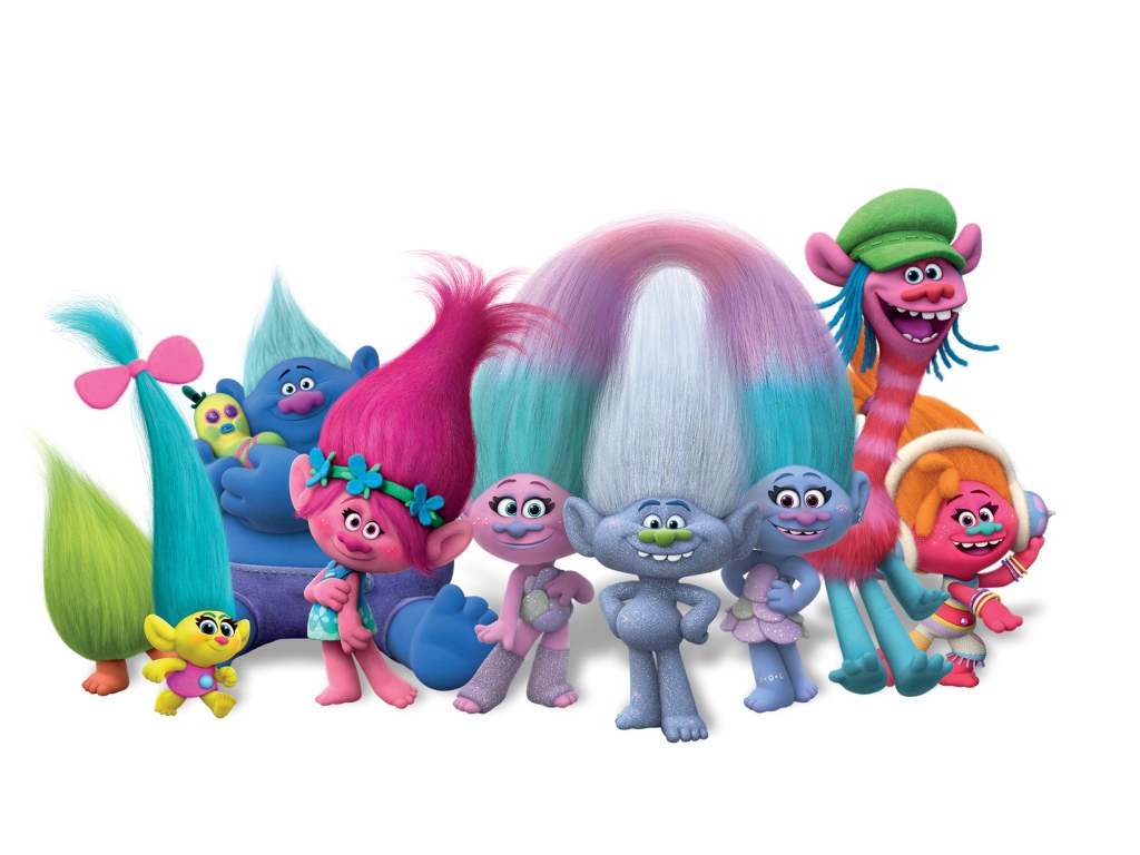 Герои мультфильма Тролли: Мировой тур 2020 года на белом фоне