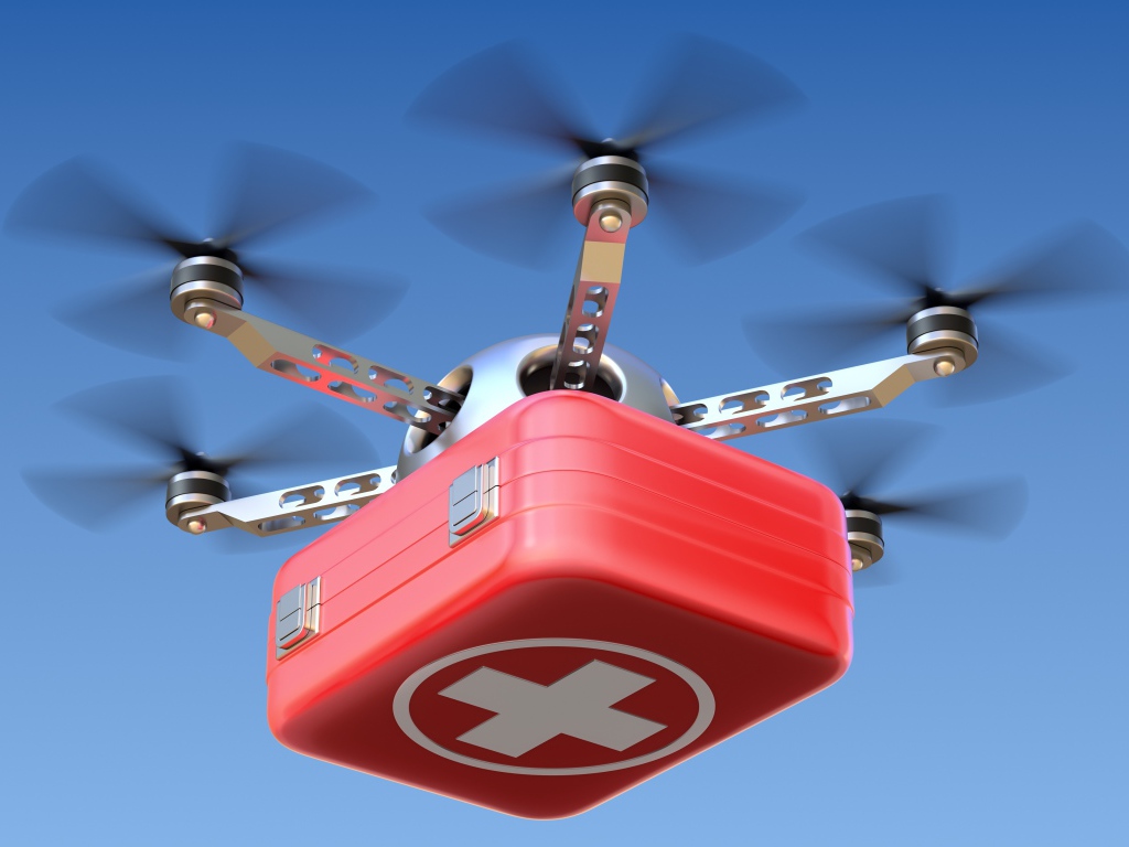 Medical drone in the blue sky