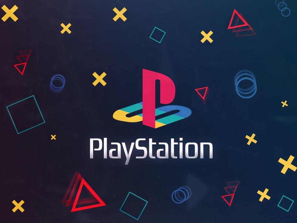 Логотип PlayStation на синем фоне с геометрическими фигурами