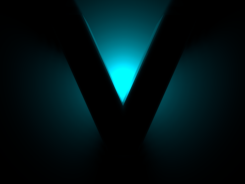 Большой черный знак V на синем фоне