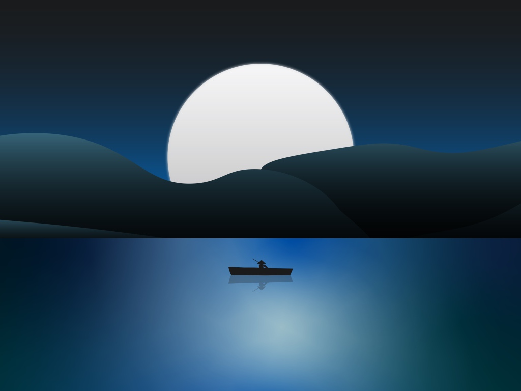 Drawn boat at sea against the background of the moon
