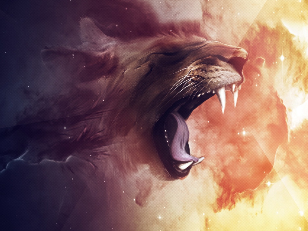 Painted lion yawns on a fiery background