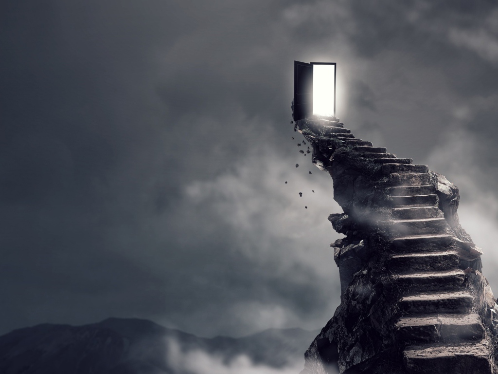 Каменная лестница ведет к двери в небе 