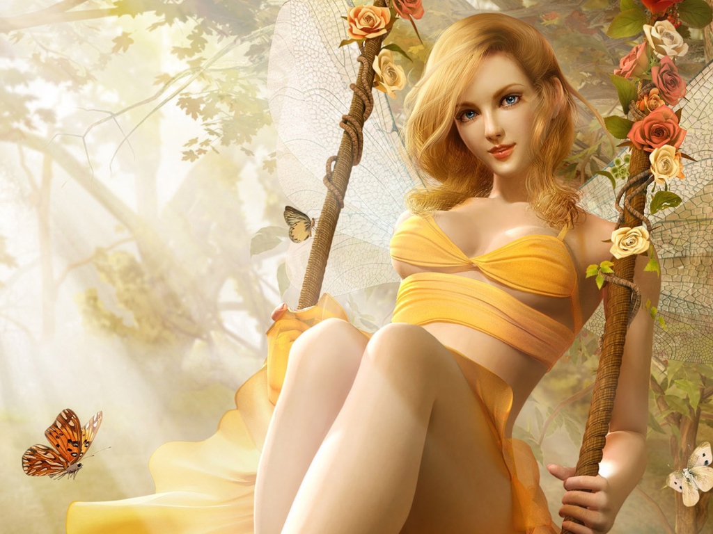 Красивая девушка эльф катается на качели