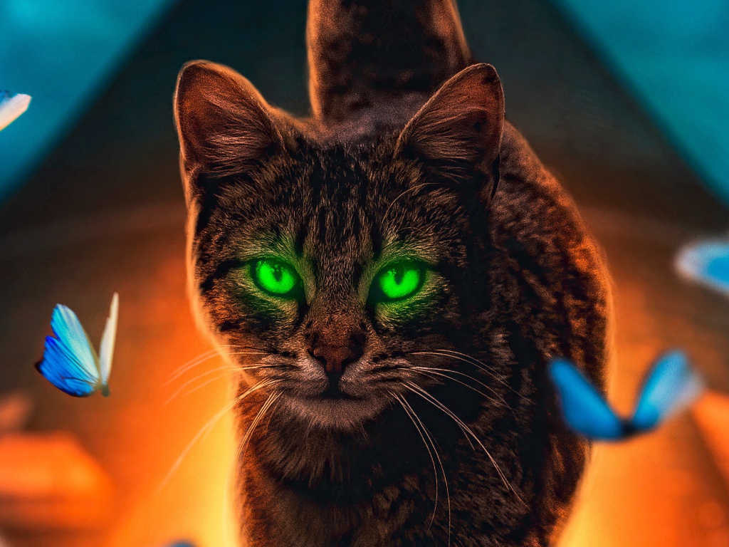 Серый зеленоглазый кот с бабочками