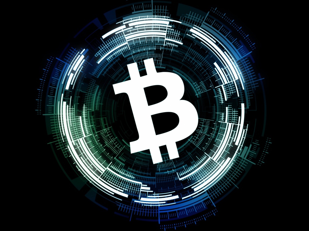 Белый значок биткоин на черном фоне