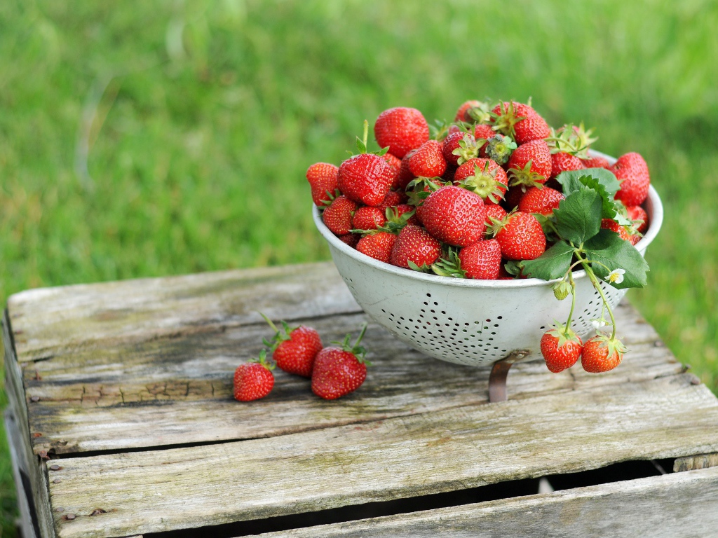 Дуршлаг с помытой красной клубникой 