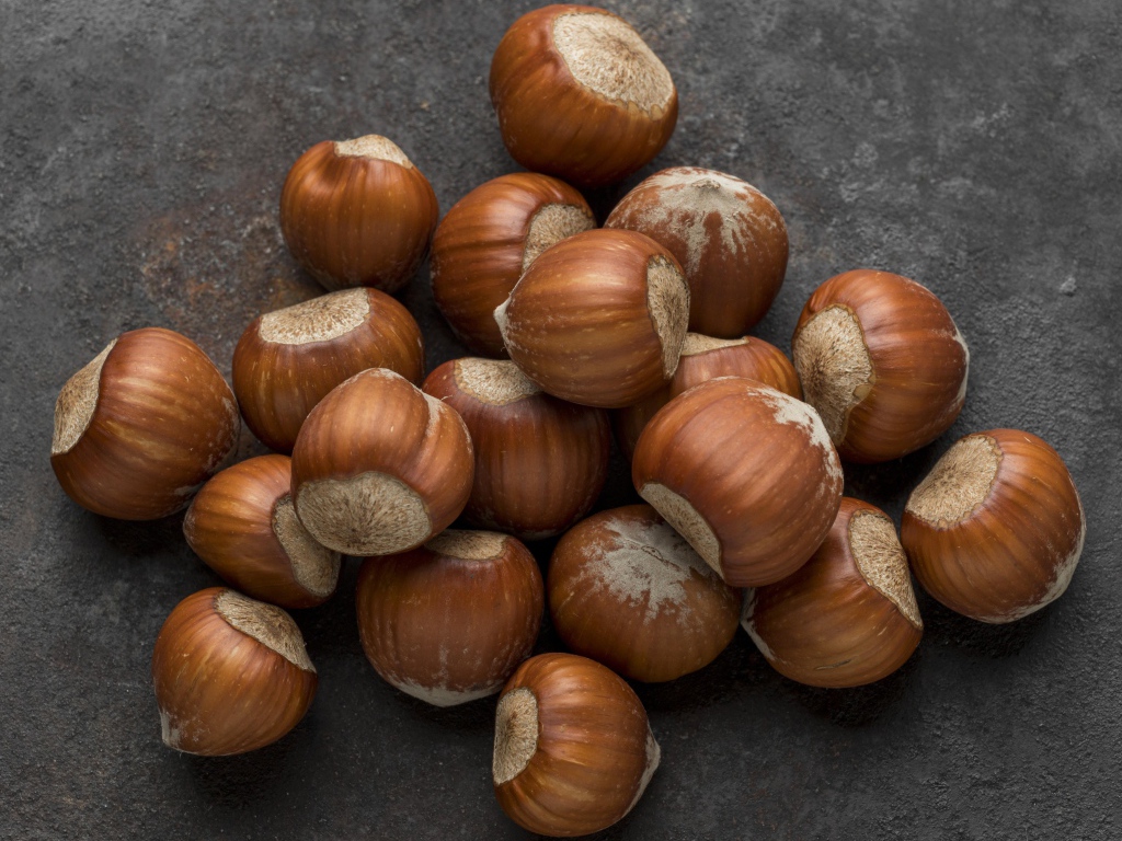 Много лесных орехов на сером столе 