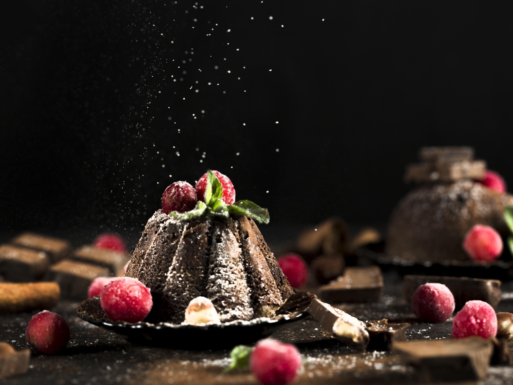 Шоколадный десерт на столе с ягодами клюквы 