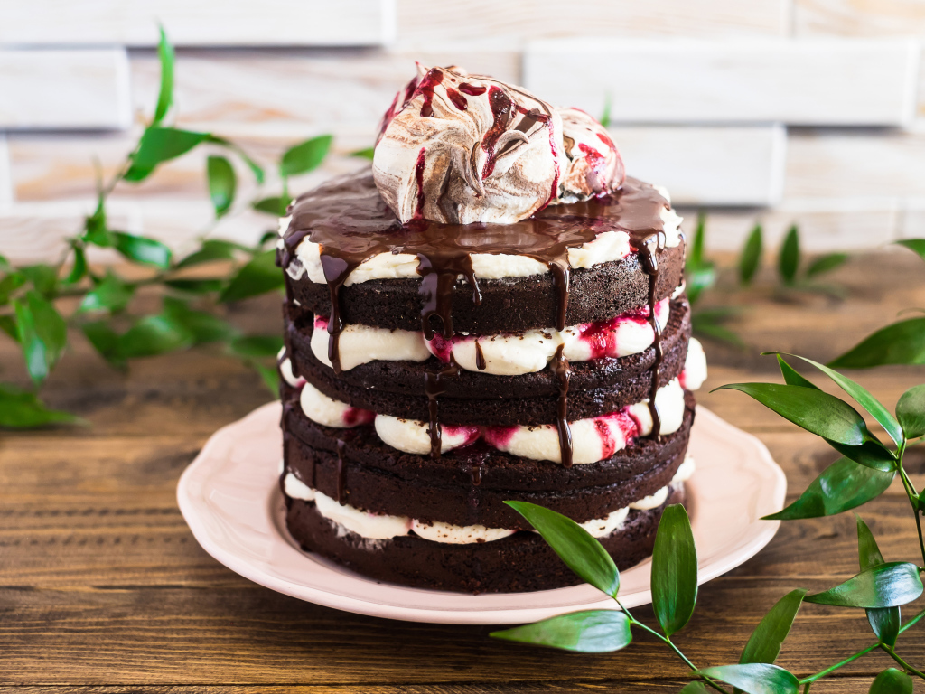 Вкусный шоколадный торт с кремом на столе 