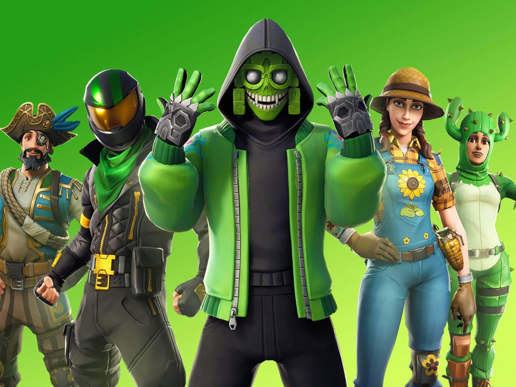 Персонажи компьютерной игры Fortnite 2 на зеленом фоне