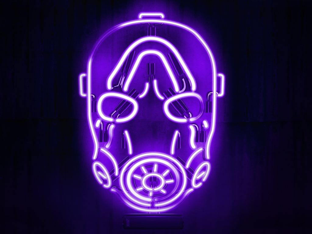 Маска из видеоигры Borderlands на сиреневом фоне
