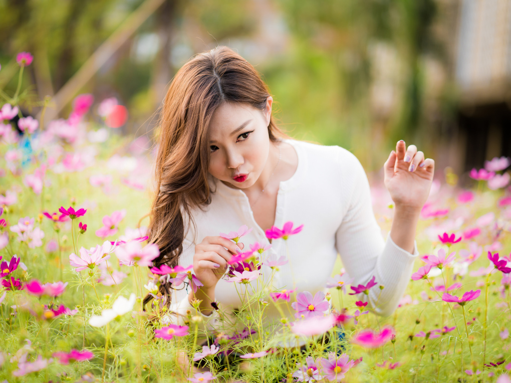 Красивая девушка азиатка в цветах космеи