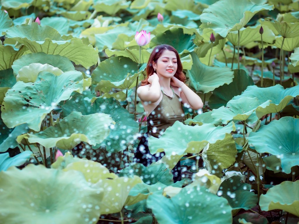 Красивая девушка азиатка в зеленых листьях лотоса 