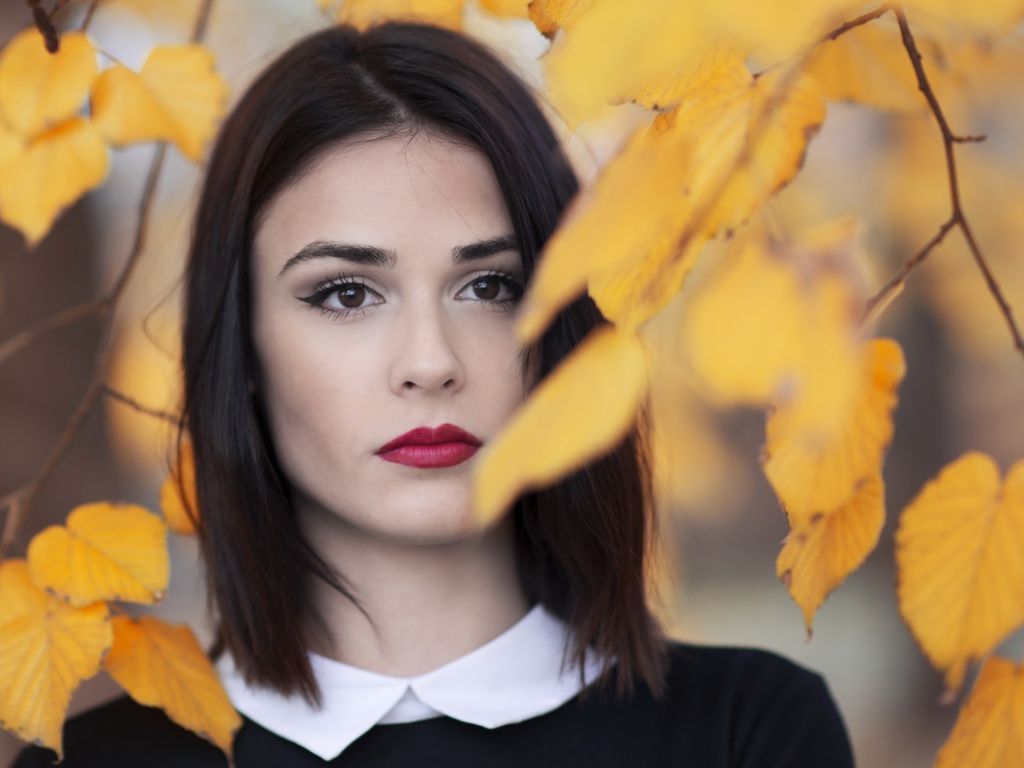 Girl with red lips near a branch with yellow leaves