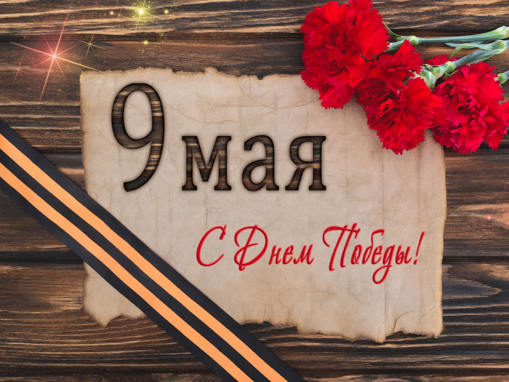 Открытка с гвоздиками и георгиевской лентой на День Победы 9 мая