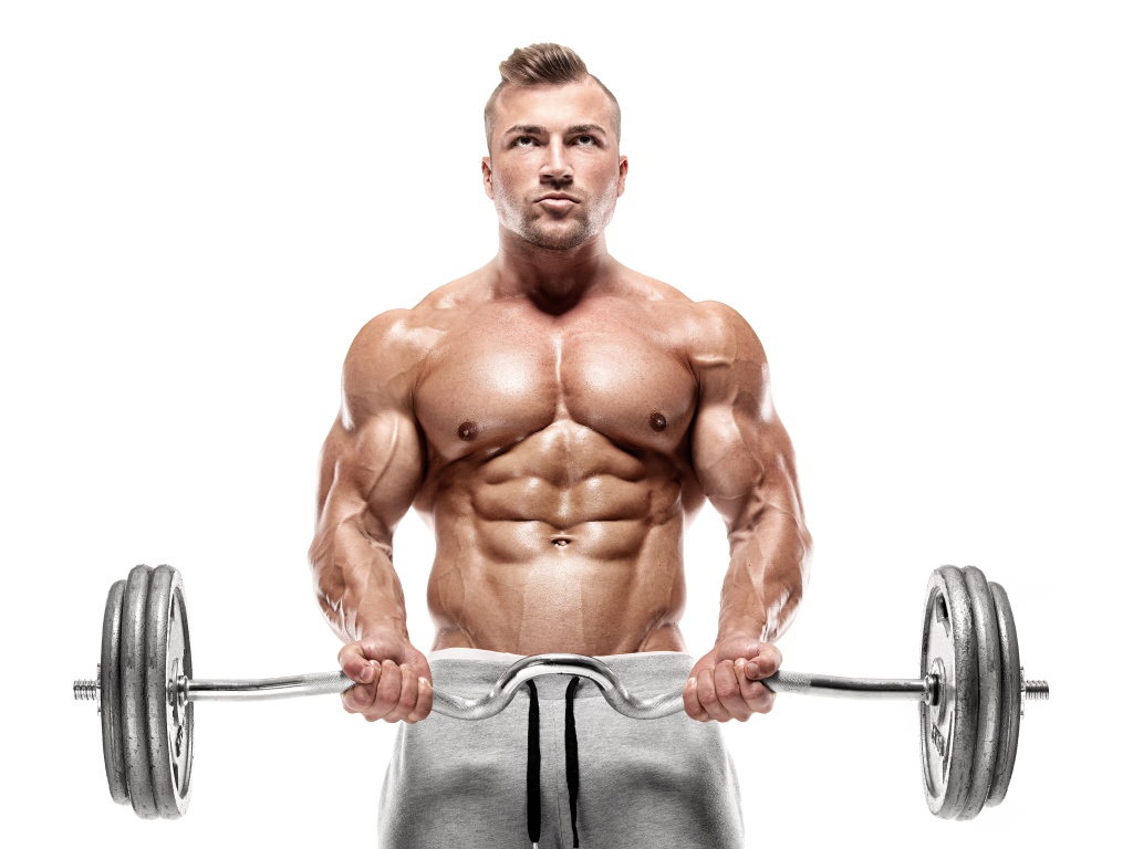 Inflated strong man with a barbell in his hands on a white background