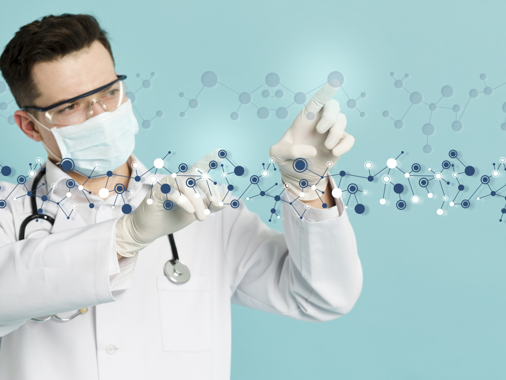Мужчина доктор изучает молекулы на голубом фоне