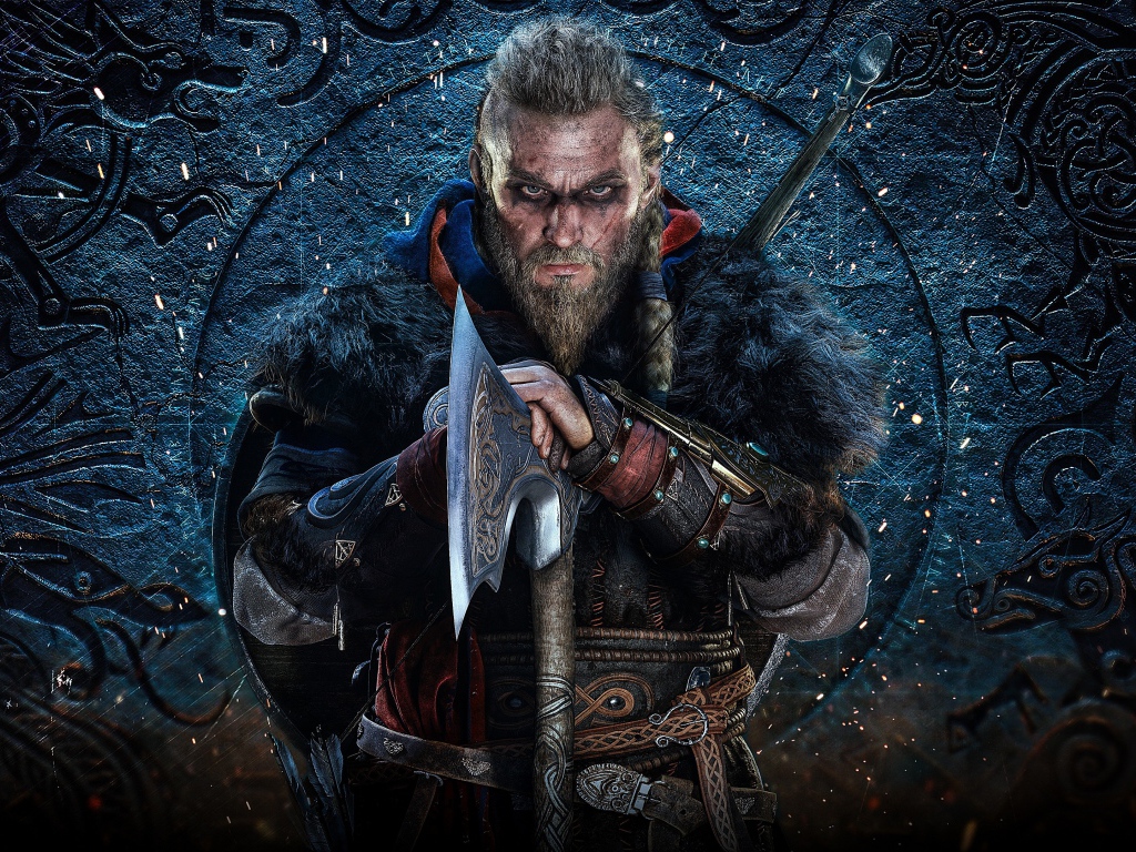 Мужчина викинг с топором в руках 