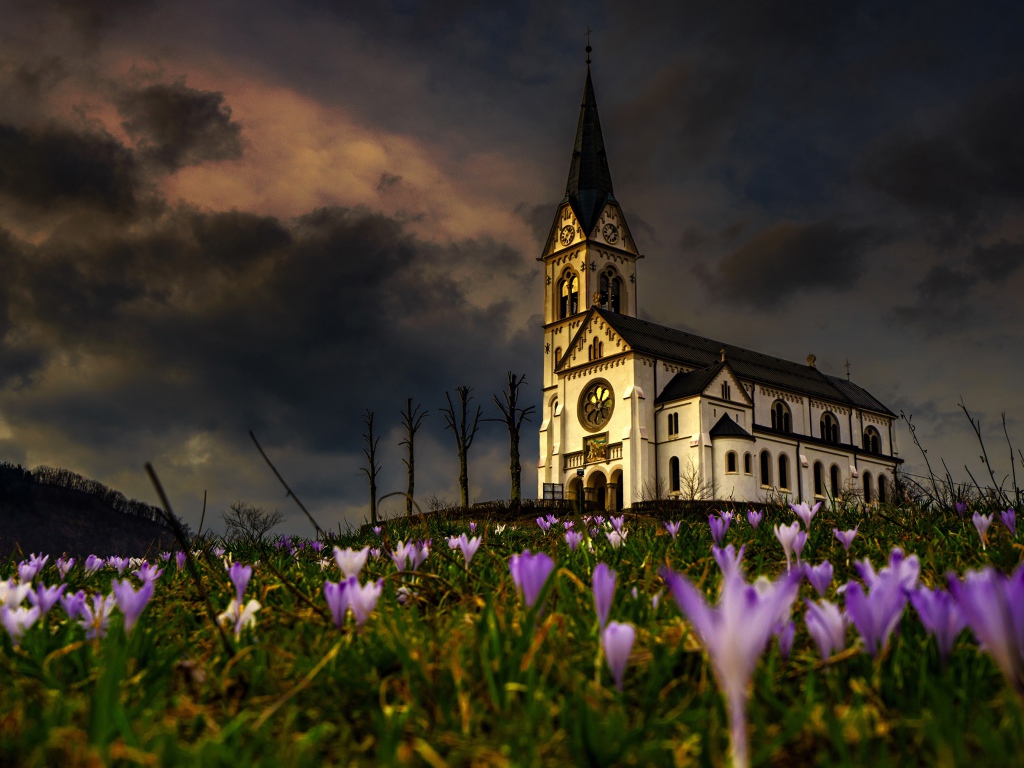 Старая часовня стоит на холме с цветами 