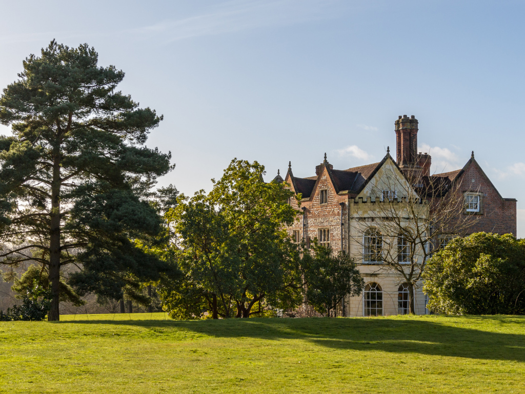 Красивый дом с деревьями и зеленым газоном