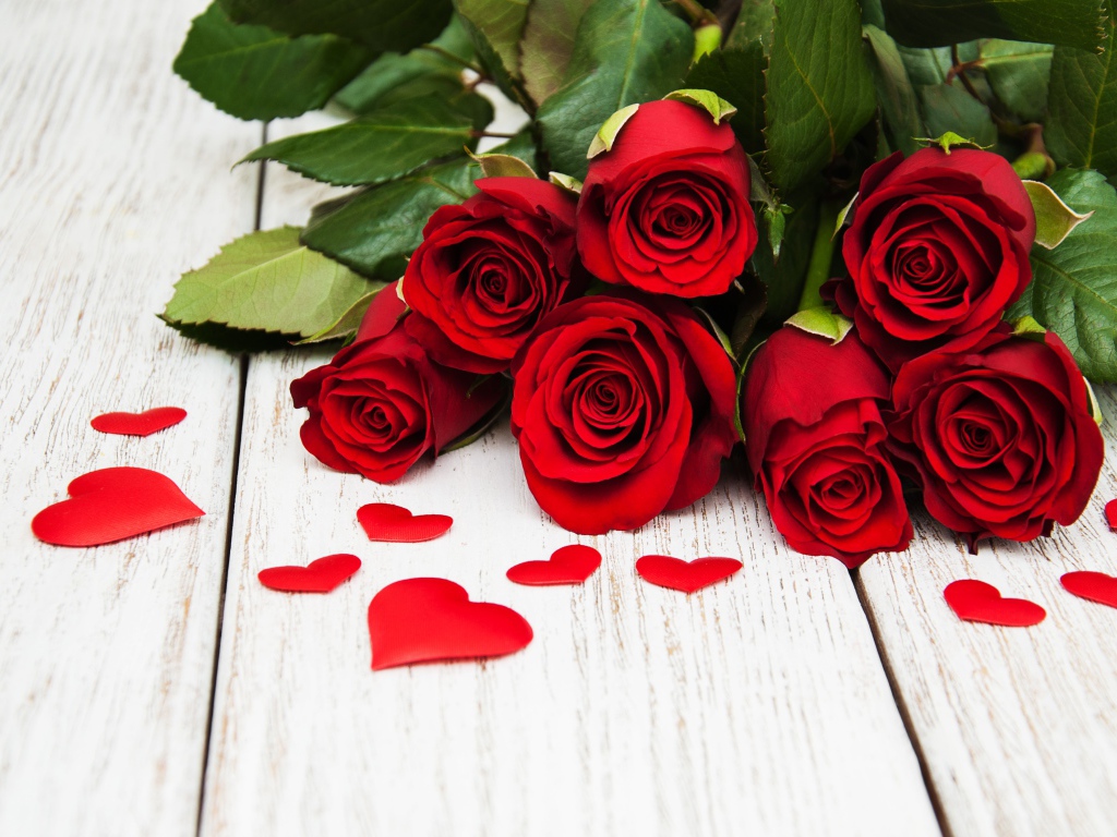 Букет красных роз с зелеными листьями на белом фоне с сердечками 