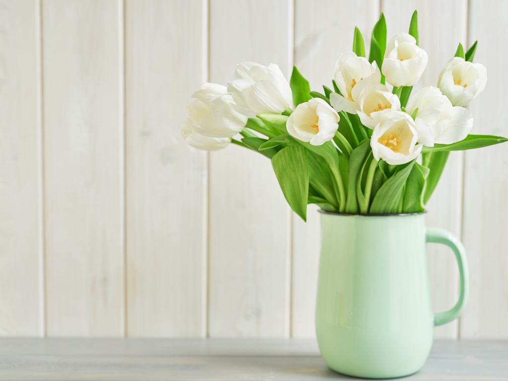 Букет белых тюльпанов в вазе на белом фоне 