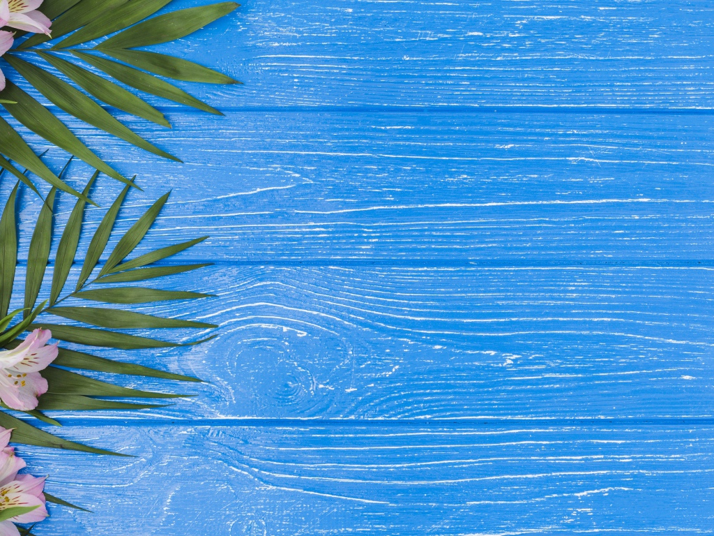 Розовые цветы альстромерии с зелеными листьями на голубом столе 