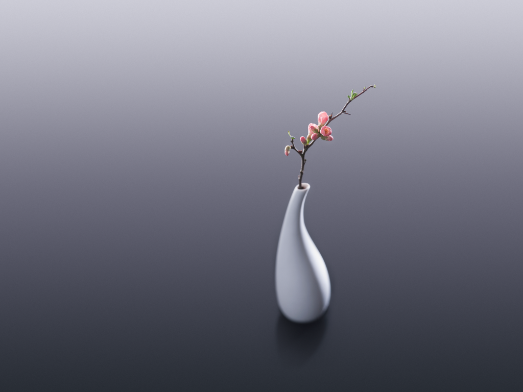 Белая ваза с веткой с розовыми цветами на сером фоне