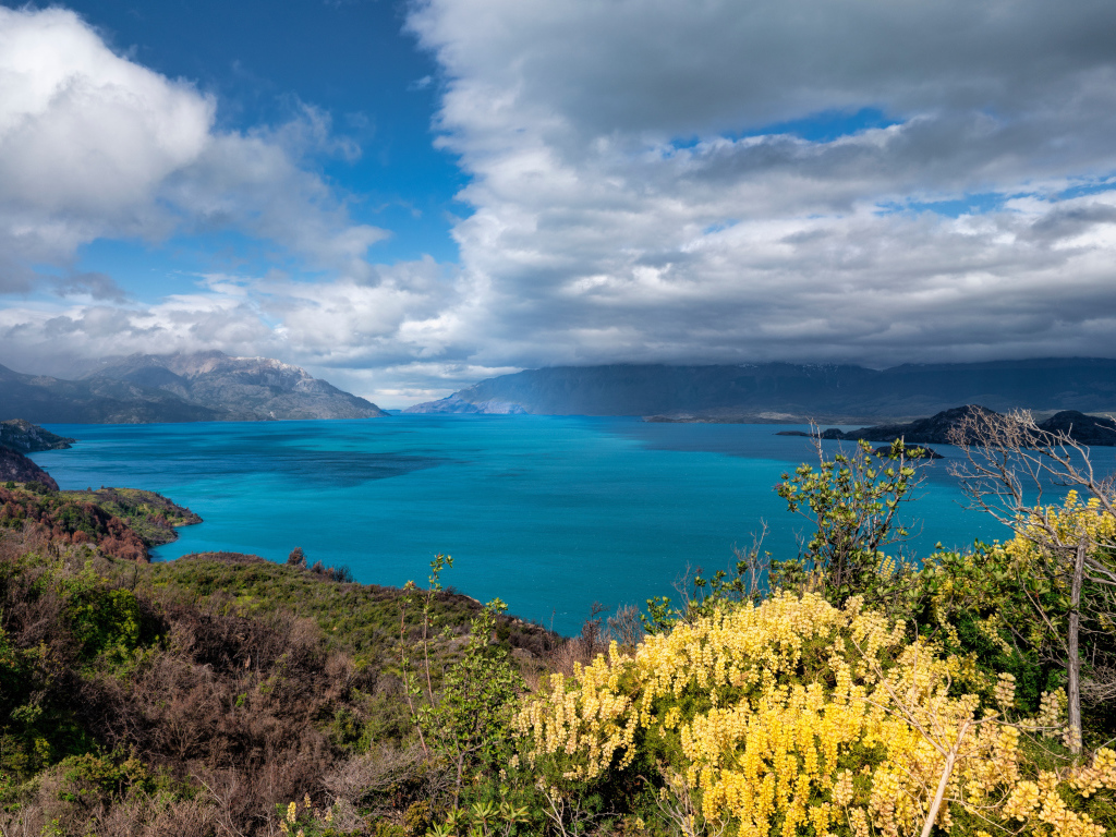 Густые белые облака над озером в горах 