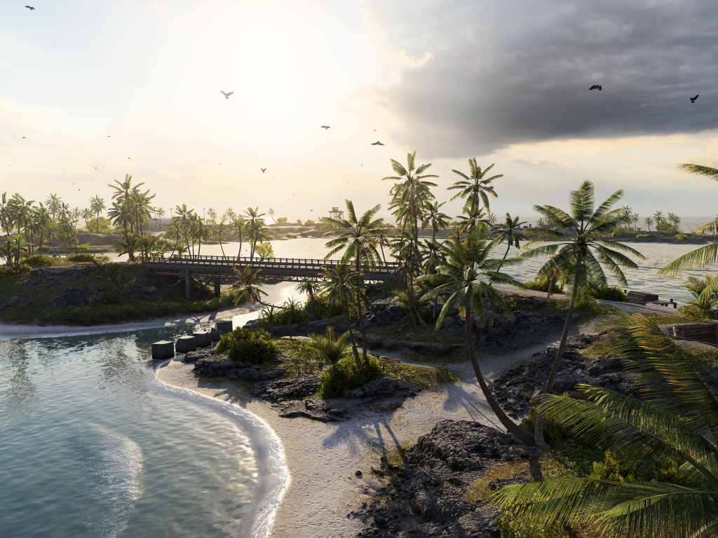 Зеленые пальмы на тропическом пляже в океане