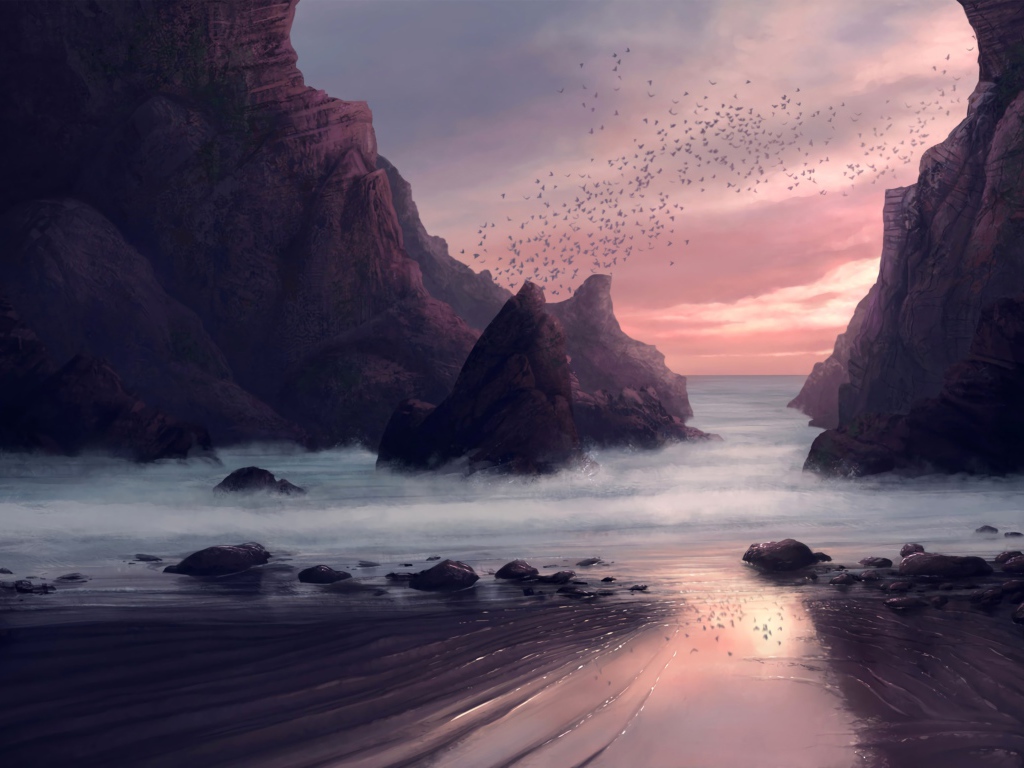 Стая птиц пролетает над скалами у моря 