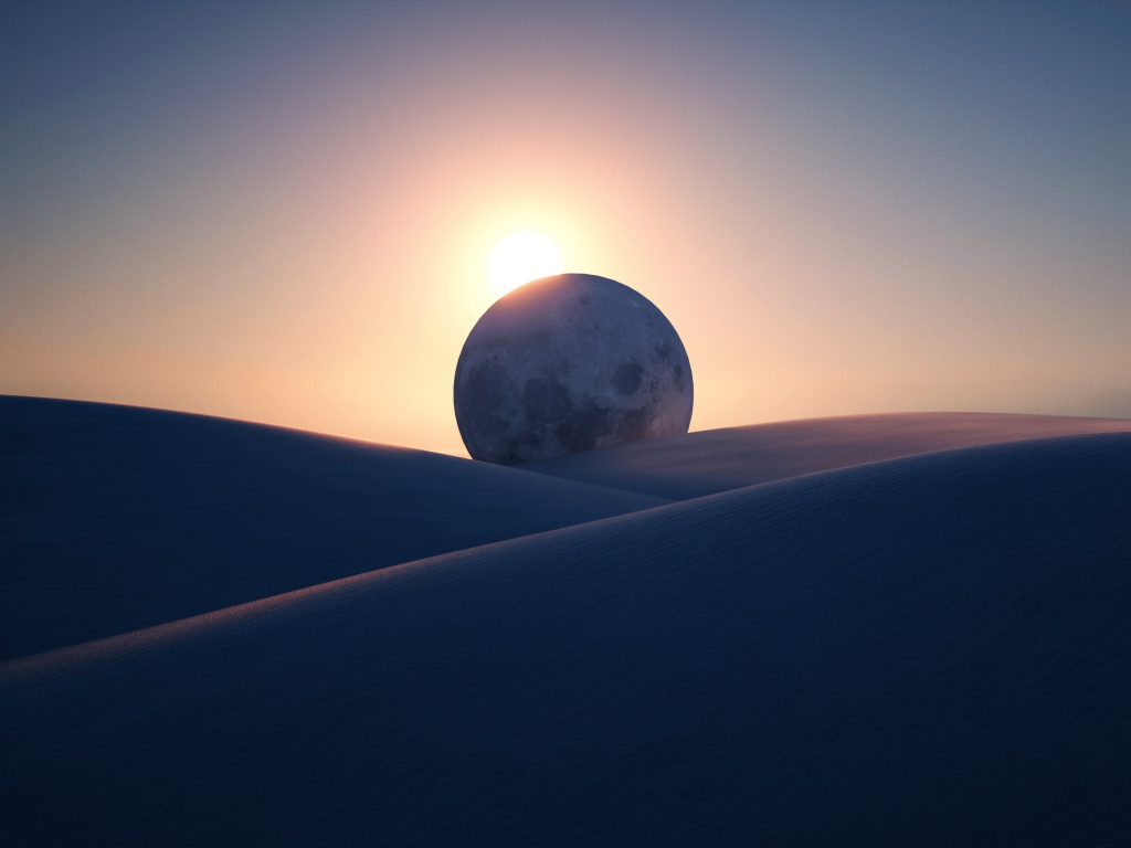 Закат солнца освещает огромную луну в пустыне 