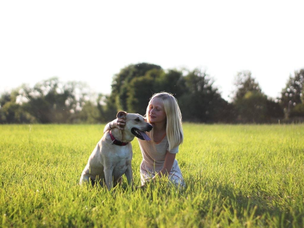 Маленькая девочка с собакой в зеленой траве