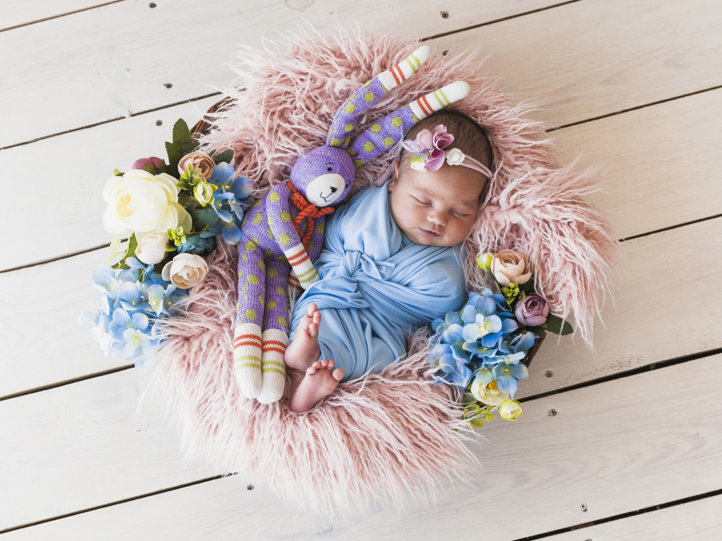 Спящий грудной ребенок с игрушкой в корзине 