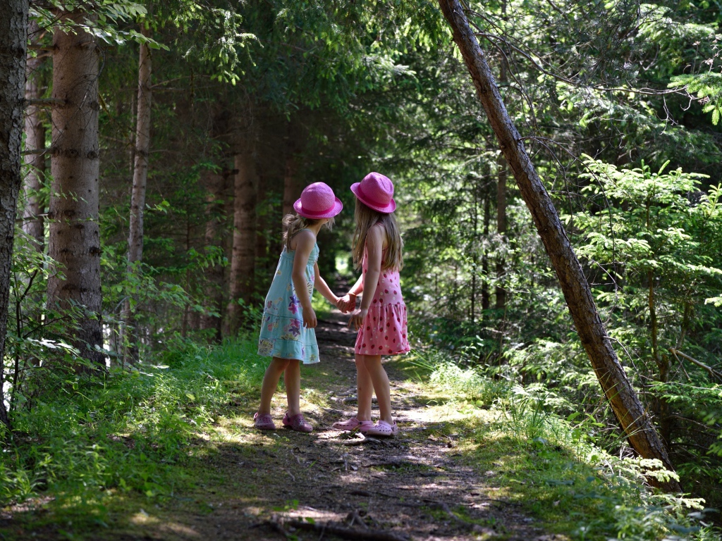 Две маленькие девочки гуляют в лесу