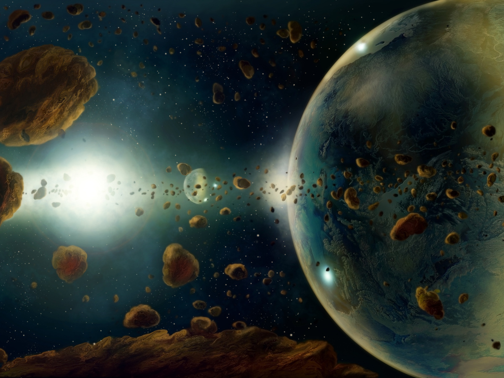 Астероиды в космосе летят к планете Земля 